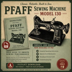 Puede incluir: Anuncio vintage de una máquina de coser Pfaff Modelo 130. La imagen presenta una máquina de coser negra, un manual de usuario y el texto "Manual de usuario completo ahora disponible en PDF". El anuncio tiene una estética vintage.