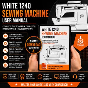 以下が含まれることがあります： タブレット画面に表示されたWhite 1240ミシンのデジタルユーザーマニュアル。ドキュメントにはWhite 1240 Sewing Machine User Manualというタイトル、ミシンの線画、セットアップ、操作、メンテナンスに関する詳細なテキストが含まれています。