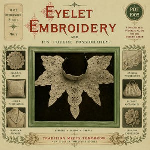 Puede incluir: Una portada de libro antiguo titulada "Eyelet Embroidery" con un detallado cuello de encaje blanco en una pantalla con marco verde. La portada presenta texto e ilustraciones que muestran costura, moda y decoración del hogar, con el texto "Tradition Meets Tomorrow".