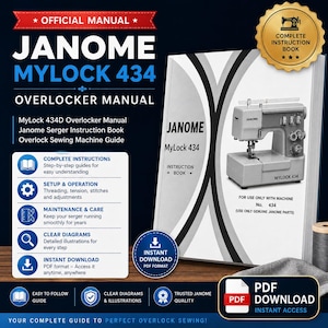 May include: A digital instruction manual for the Janome MyLock 434 overlocker sewing machine. The cover features a white and gray graphic design with an image of the machine, text detailing setup, operation, and maintenance, and a PDF download icon.