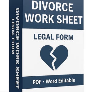 Pode incluir: Uma caixa azul marinho e branca com as palavras "DIVORCE WORK SHEET" e "LEGAL FORM" em texto branco. Um gráfico de coração partido está centrado na frente. O texto "PDF • Word Editable" está na parte inferior.