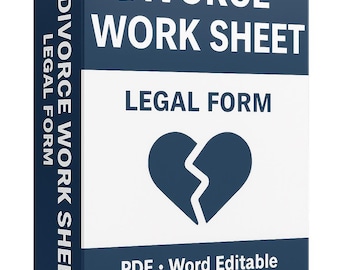 May include: A navy blue and white box with the words "DIVORCE WORK SHEET" and "LEGAL FORM" in white text. A broken heart graphic is centered on the front. The text "PDF • Word Editable" is at the bottom.