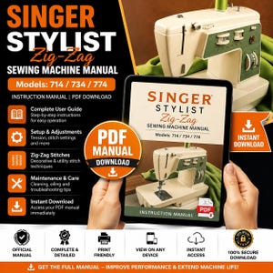 Puede incluir: Un manual de instrucciones digital en PDF para la máquina de coser Singer Stylist Zig-Zag, que cubre los modelos 714, 734 y 774. El manual incluye secciones sobre configuración, ajustes, técnicas de puntada y mantenimiento en una tablet.