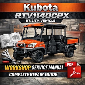 May include: An orange and black Kubota RTV1140CPX utility vehicle. The image includes a workshop service manual, tools, and a PDF icon. The vehicle has a roll cage, headlights, and a cargo bed. The text on the vehicle says "Kubota".