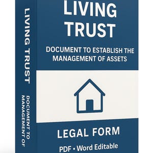 Może przedstawiać: Niebieski formularz prawny zatytułowany "Living Trust" z białym tekstem i ikoną domu. Tekst brzmi "Dokument ustanawiający zarządzanie aktywami" i "Formularz prawny". Formularz jest dostępny w formatach PDF i Word.