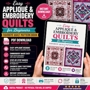 Puede incluir: Un libro digital de patrones de acolchado titulado Easy Appliqué & Embroidery Quilts for Beginners. La portada muestra dos diseños de colchas coloridos con motivos florales y de aves. El texto incluye detalles sobre descarga instantánea.
