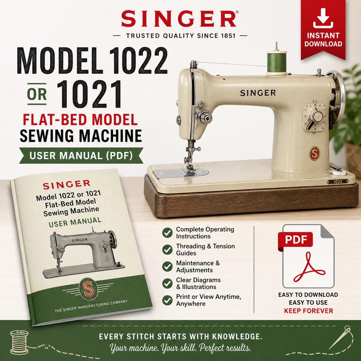 Singer Model 1022 or 1021 Flat-bedModel Sewing Machine User Manual (PDF)