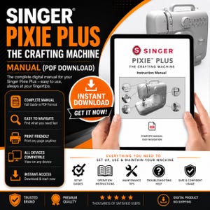 Pode incluir: Um manual digital em PDF para a máquina de costura Singer Pixie Plus, exibido na tela de um tablet. O manual inclui páginas de instruções, guias de configuração, dicas de manutenção e ajuda para solução de problemas da máquina.