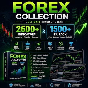May include: A digital product advertisement for a Forex Collection trading toolkit. The graphic features text including 2600+ Indicators and 1500+ EA Pack, alongside icons for risk reduction, automation, and a box labeled Forex Collection.