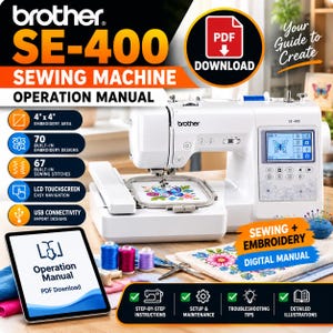 May include: A white Brother SE-400 sewing and embroidery machine with an LCD touchscreen, a 4 inch by 4 inch embroidery area, and a digital operation manual. The machine is shown with colorful thread spools, a needle cushion, and fabric.