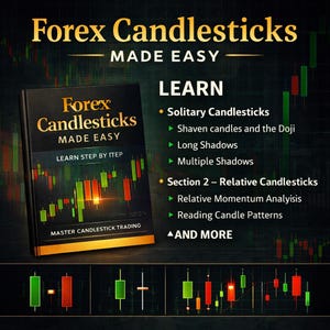 以下が含まれることがあります： 「Forex Candlesticks Made Easy」というタイトルの本で、黒い表紙に金色の文字が書かれています。画像には、「Solitary Candlesticks」や「Relative Momentum Analysis」などのトピックのリストが含まれています。背景には、緑と赤のバーのグラフが表示されています。