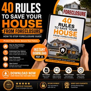 以下が含まれることがあります： 40 Rules to Save Your House from Foreclosureというタイトルのデジタルガイド。住宅の画像、段階的な解決策、即時PDFダウンロードオプションが記載されています。黒い背景にオレンジと白のテキストとアイコンが配置されています。