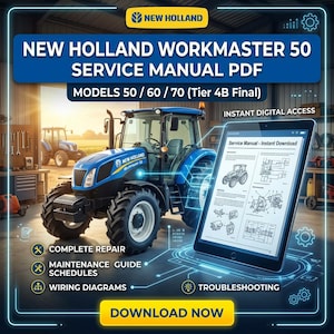 May include: A digital advertisement for a New Holland Workmaster 50 service manual PDF. The image features a blue tractor, a tablet displaying manual pages, and text that reads "Complete Repair," "Maintenance Guide Schedules," and "Wiring Diagrams."