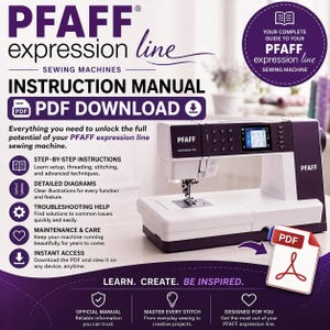 May include: A white and purple PFAFF expression line sewing machine with an instruction manual. The manual is a PDF download, and the image includes text about step-by-step instructions, detailed diagrams, and troubleshooting help.