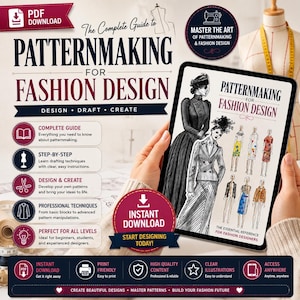 Puede incluir: Una tableta digital muestra una guía en PDF titulada The Complete Guide to Patternmaking for Fashion Design. La pantalla presenta ilustraciones de moda de figuras con diversos atuendos. El texto circundante destaca características clave.