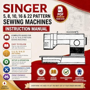 May include: A digital instruction manual for Singer 5, 8, 10, 16, and 22 pattern sewing machines. The document features a line drawing of a sewing machine, a PDF download icon, and sections covering setup, operation, maintenance, and troubleshooting.