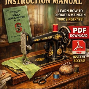 May include: A vintage Singer 128 sewing machine in black and gold, with an instruction manual and sewing accessories. The image features text: "Singer 128 Sewing Machine Instruction Manual" and "Learn How to Operate & Maintain Your Singer 128!"
