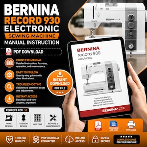 Op de afbeelding: Een digitale PDF-handleiding voor de Bernina Record 930 elektronische naaimachine. Het tabletscherm toont de omslag van de handleiding met de witte naaimachine, de modelnaam en meertalige tekst. Inclusief iconen voor het downloaden.
