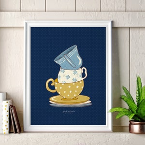 Vintage theekopjes op schotel Art Print - Retro woondecoratie, caféposter, keukencadeau, kopjes met stippen