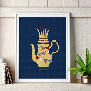 May include: A yellow teapot with a crown on top and bunting around the body. The teapot is on a dark blue background with white polka dots. The text "janie moodie" is at the bottom of the image.