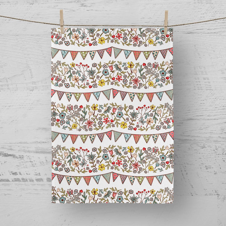 100 Cotton Tea Towel / Floral Bunting Etsy