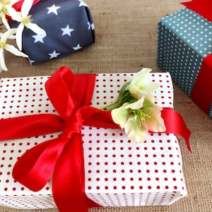 Mittelgroße Geschenkverpackung mit abnehmbaren Bändern - Furoshiki + Farbband - Roter Punkt