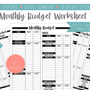 May include: A printable monthly budget worksheet in black and white. The worksheet includes sections for income, expenses, savings, and sinking funds. The text "Monthly Budget Worksheet" is at the top of the page. The text "Help get your personal finances on track" is at the top right of the page.