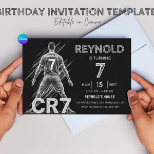Invitation d'anniversaire CR7 | Invitation à une fête de football Ronaldo | Carte modifiable du 7e anniversaire pour garçons | Invitation à une soirée à thème football imprimable pour enfants