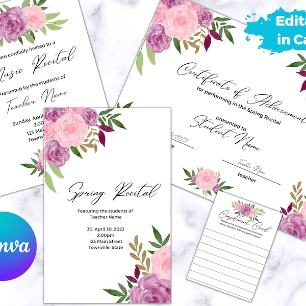 Editable Spring Music Recital Template with Certificate, Program, Invitations and Compliment Cards Template