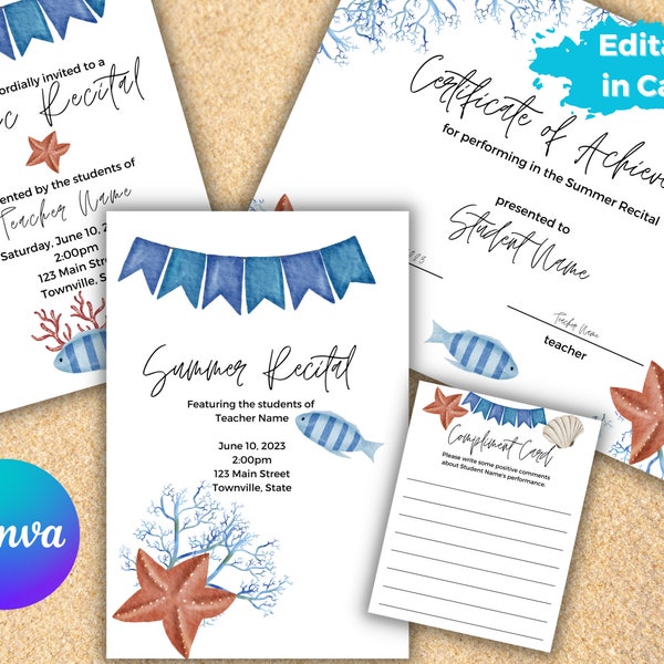 Editable Summer Music Recital Template with Certificate, Program, Invitations and Compliment Cards Template