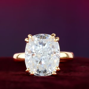 6.0 CT Elongated Cushion Cut Moissanite Engagement Ring, 14K Yellow Gold Hidden Halo Ring, Solitaire Diamond Ring, Double Prong Diamond Band
