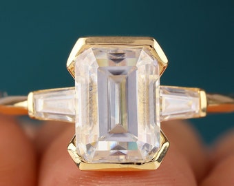 10*7MM Emerald Cut Moissanite Engagement Ring, Baguette Cut Three Stone Moissanite Ring, 14K Yellow Gold Half Bezel Set Ring For Her