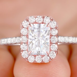 Emerald Cut 1.50 CT Colorless Moissanite Halo Ring - 14K Two Tone Gold