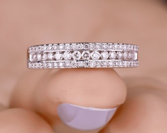 Timeless Triple Row Half Eternity Band, Round Cut Colorless Moissanite Wedding Band, Anniversary Gifts, Matching Band, Vintage Style Band
