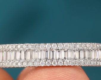 Baguette Cut Colorless Moissanite Wedding Band, Three Row Wedding Band, Stacking Matching Band, Solid 14K White Gold Band, Proposal Band