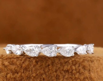 Pear Cut Moissanite Wedding Band, 14K White Gold Half Eternity Band, East-West Pear Cut Band, Birthday Gift For Her, Promise Gift
