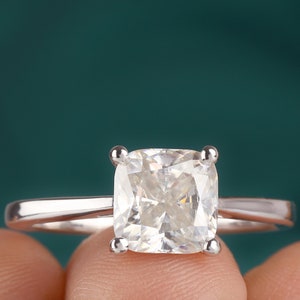3.00 Ct Cushion Cut Colorless Moissanite Engagement Ring, Solid 14K White Gold Ring, Prong Accents Solitaire Wedding Ring, Proposal Ring