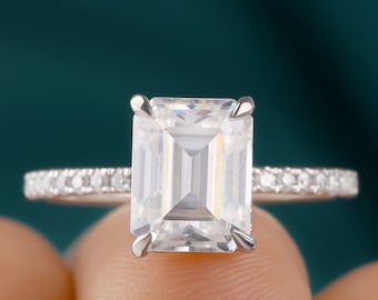 2.50 CT Emerald Cut Colorless Moissanite Engagement Ring, Solid 14K White Gold Ring, Hidden Halo Ring, Moissanite Wedding Ring, Gift For Her