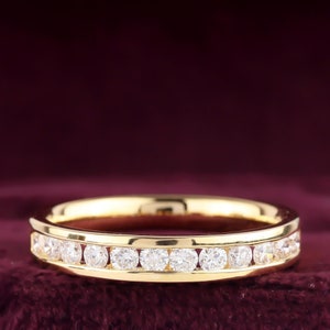 Half Eternity 2.20 MM Round Cut Colorless Moissanite Band, Channel Set Band, Moissanite Wedding Band, Stacking Band, 14K Yellow Gold Band