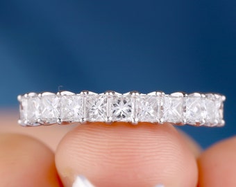 Princess Cut Colorless Moissanite Band, Half Eternity Wedding Band, Matching Band For Engagement Ring, 14K/18K White Gold Band For Women&#39;s
