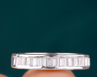 Baguette Cut Colorless Moissanite Wedding Band, Solid 14K White Gold Band, Half Eternity Moissanite Band, Matching Band For Engagement Ring