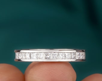 Princess Cut Colorless Moissanite Wedding Band, Channel Set Solitaire Band, Solid 14K White Gold Band, Minimalist Band, Anniversary Gift
