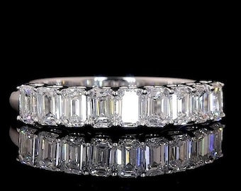 Emerald Cut Colorless Moissanite Wedding Band, Solid 14K White Gold Band, Half Eternity Solitaire Band, Matching Band For Engagement Ring