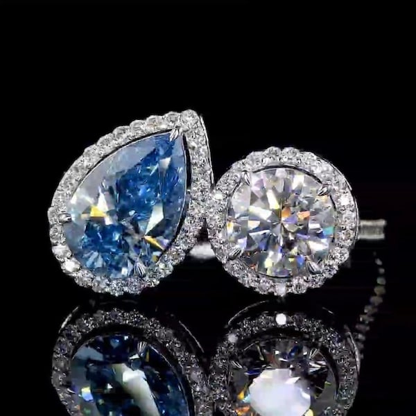 Two Stone White Gold Ring, 2.50 CT Pear Cut Blue Aquamarine Gemstone Ring, Round Moissanite Engagement Ring, Halo Moissanite Wedding Ring