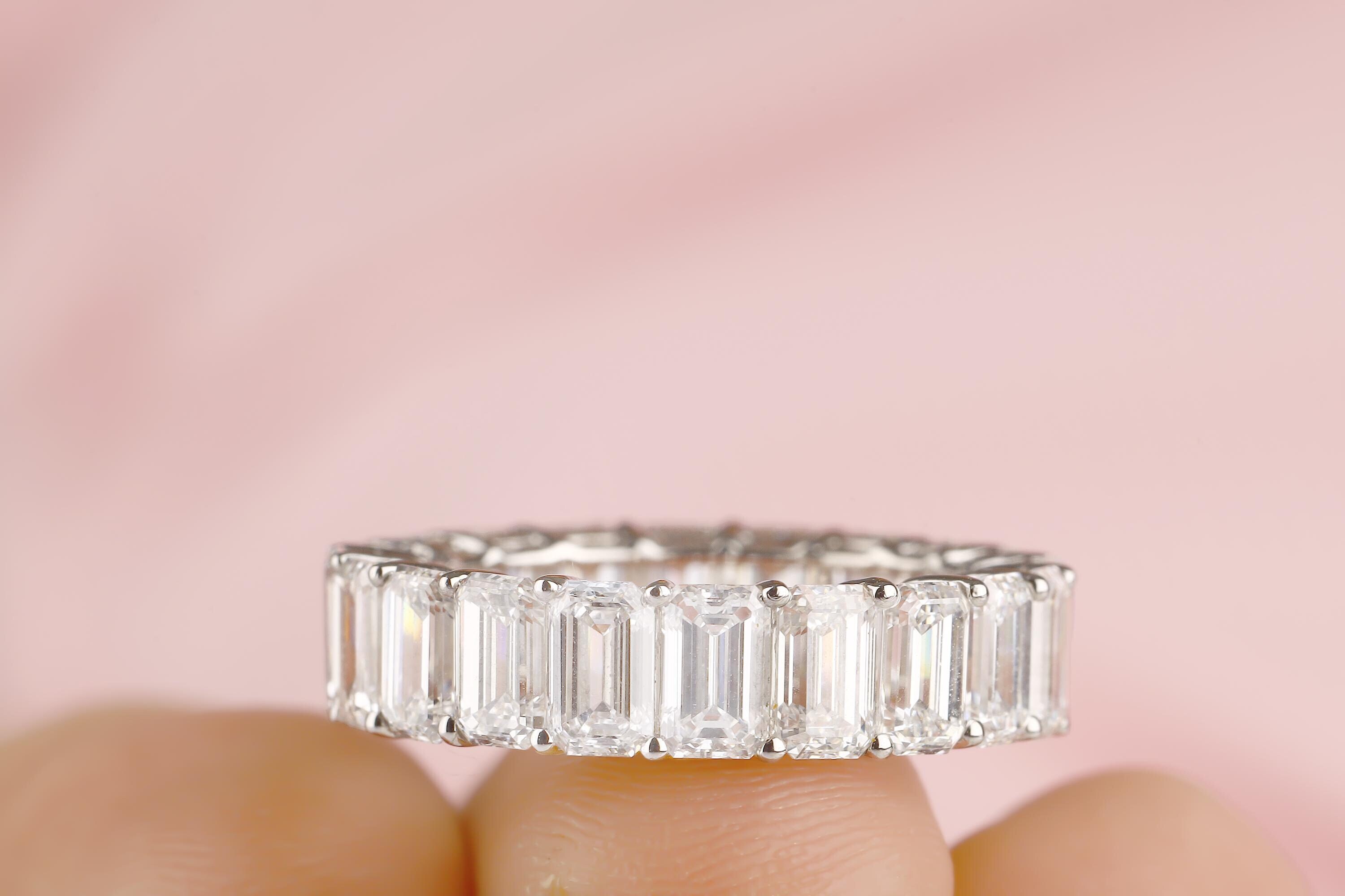 Full Eternity Moissanite Band, Emerald Cut Colorless Moissanite Wedding Band, Prong Accents Solitaire Band, Solid 14K White Gold Women Band