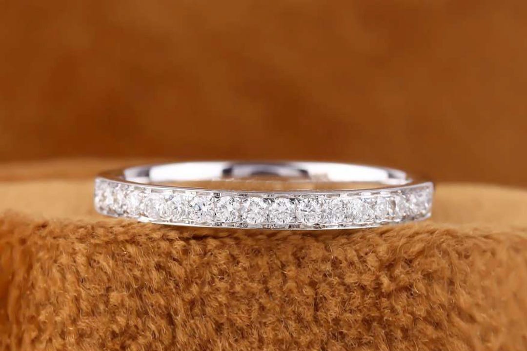 Half Eternity 14K Solid White Gold Band, Round Cut Colorless Moissanite ...