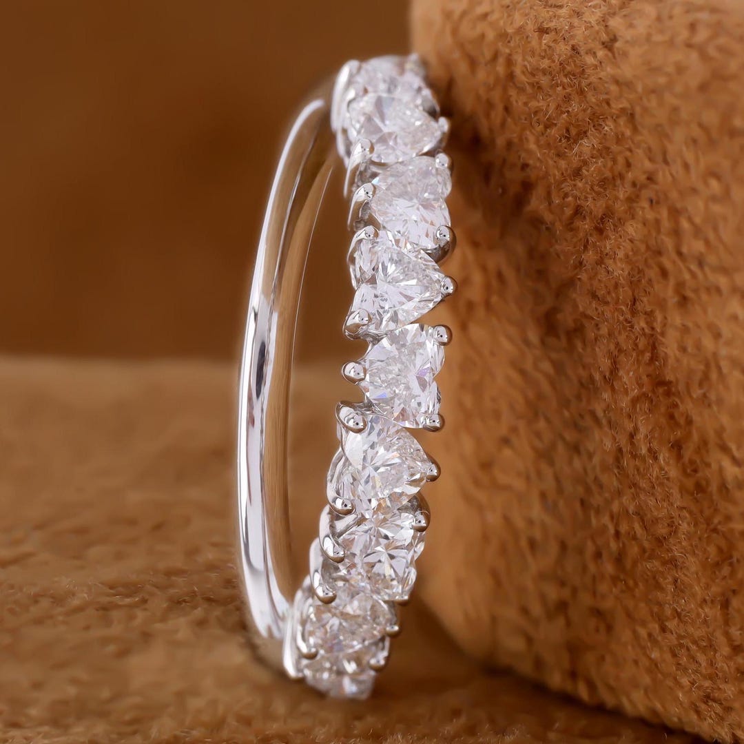 Heart Cut Moissanite Half Eternity Band, 14K White Gold Wedding Ring ...