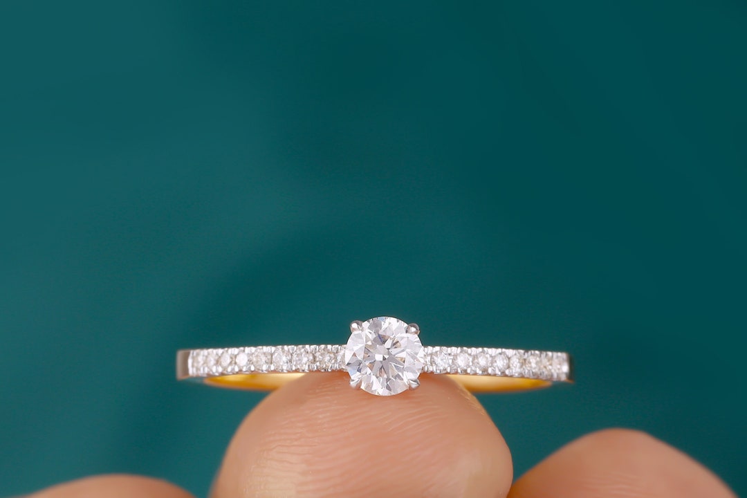 Round Cut Moissanite Engagement Ring, 14K Yellow Gold Half Eternity ...