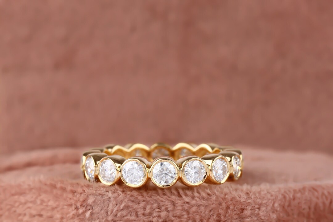 14K Yellow Gold Moissanite Wedding Band, Round Bezel Set Full Eternity ...
