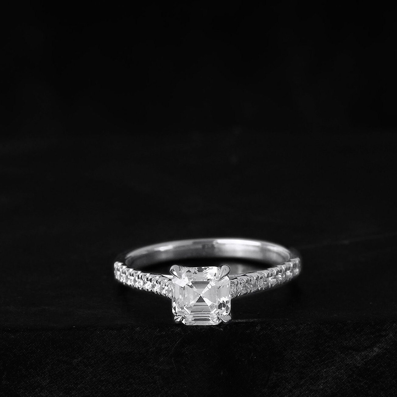 Solid 14K White Gold Ring, 1 CT Asscher Cut Colorless Moissanite Engagement Ring, Half Eternity Ring, Moissanite Wedding Ring, Promise Ring